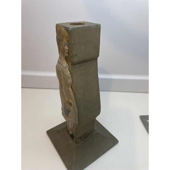 Antique Wooden Candlestick Holder Girl Carrying A Toy Cracks - Picture 7 of 10